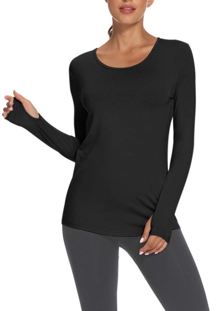 Mippo Womens Workout Athletic Yoga Long Sleeve Shirts Gym Pilates Clothes Soft Long Tunic Tops with Thumb Holes Black L - Image 4